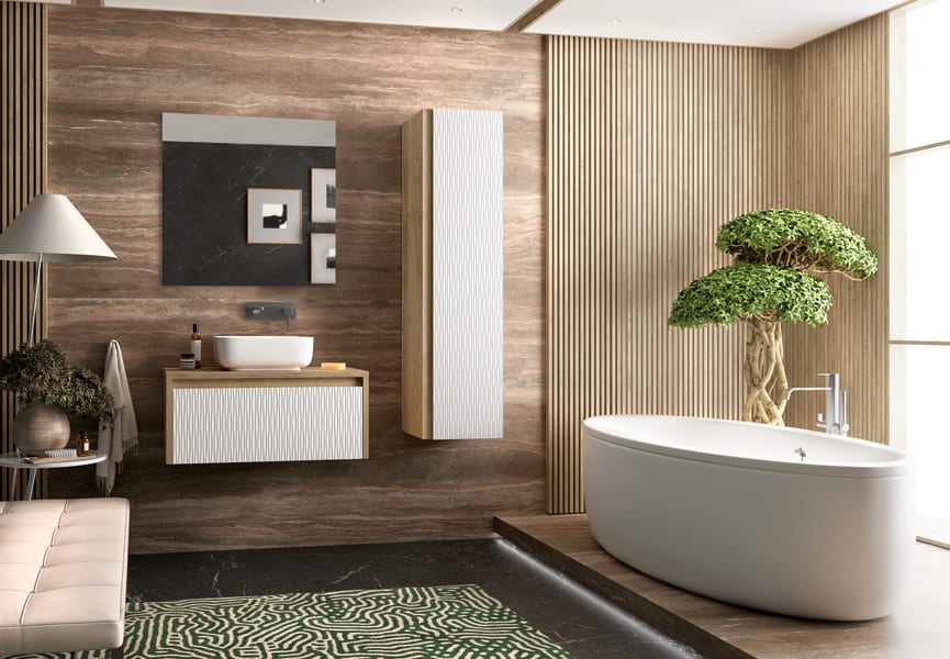 Meuble de salle de bain avec plan de toilette en bois Lambda Coycama environnement 18