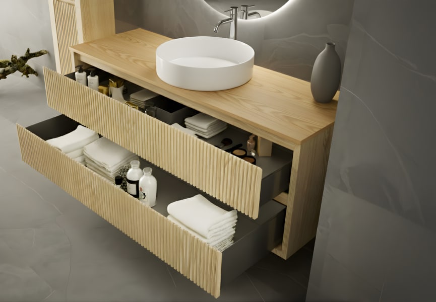 Meuble de salle de bain en bois massif avec plan de toilette Alpes 19 Bruntec détail 2