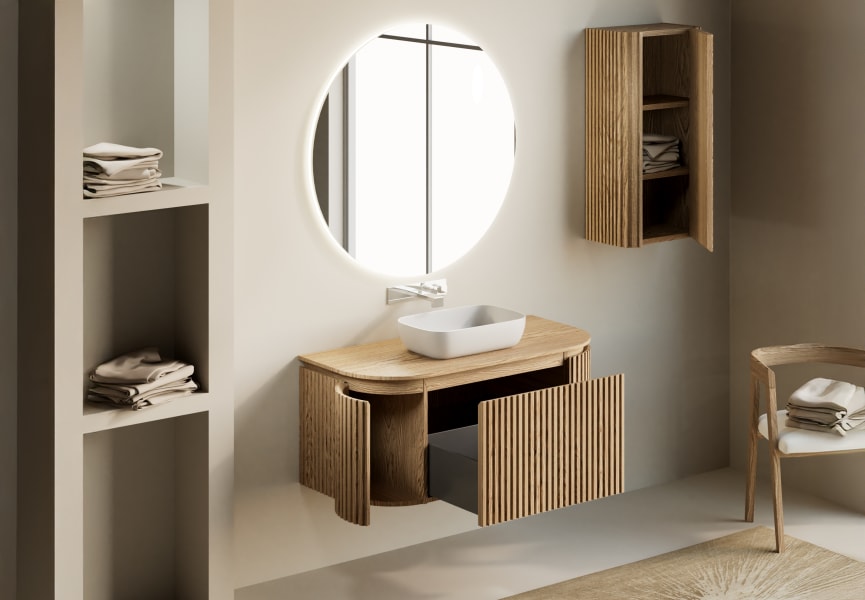 Meuble de salle de bains en frêne massif avec plan de toilette en bois Neo Curve Bruntec détail 1