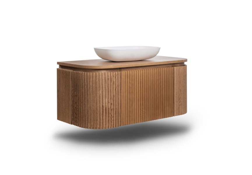 Meuble de salle de bain, plusieurs dimensions, en bois massif de frêne avec plan de toilette en bois Neo Curve Bruntec principal 1