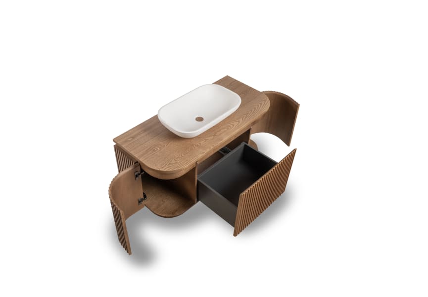 Meuble de salle de bain, plusieurs dimensions, en bois massif de frêne avec plan de toilette en bois Neo Curve Bruntec détail 2