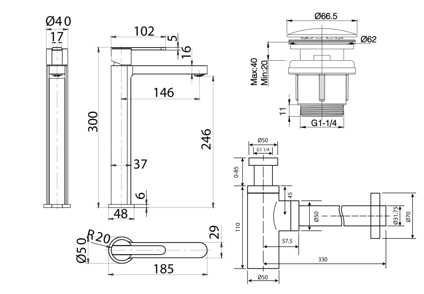 Pack Roma Imex robinet de lavabo à bec haut + Bonde à déclic + Siphon croquis 6