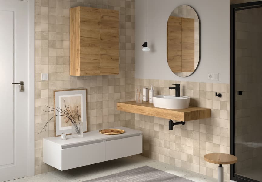 Ensemble de meubles de salle de bains avec plan de toilette en chêne et caisson blanc Domus Salgar principal 0