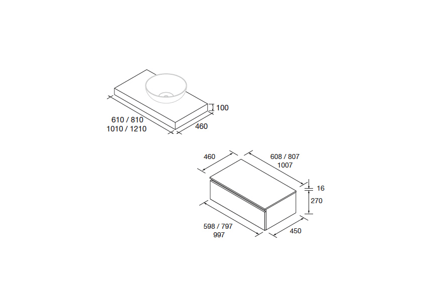Ensemble de meubles de salle de bains avec plan de toilette en chêne et caisson blanc Domus Salgar croquis 1