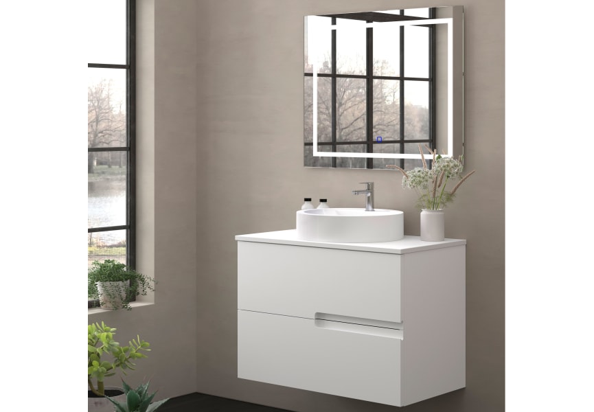 Meuble de salle de bains avec plan de toilette en pierre compacte colorée Lia Bruntec blanc principal 1