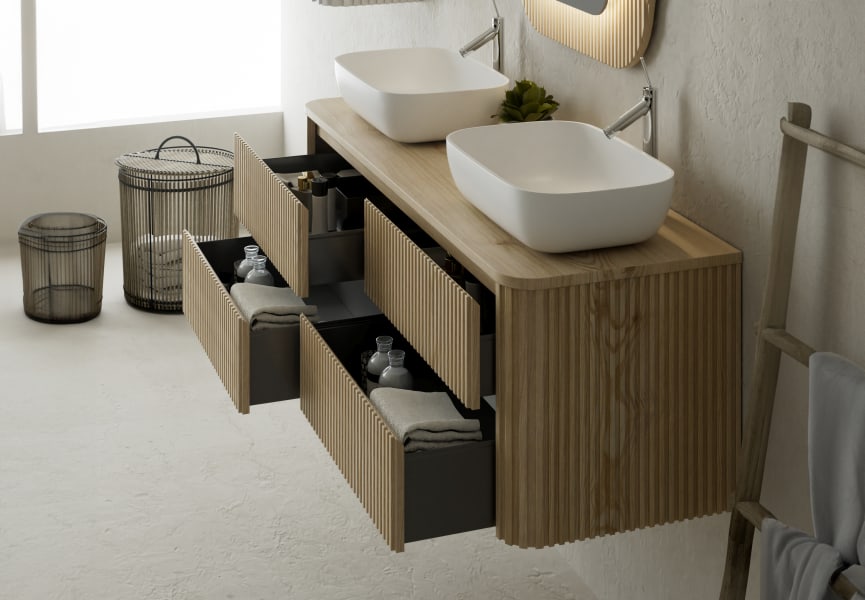 Meubles de salle de bains avec plan de toilette en bois massif Baviera Bruntec détail 2