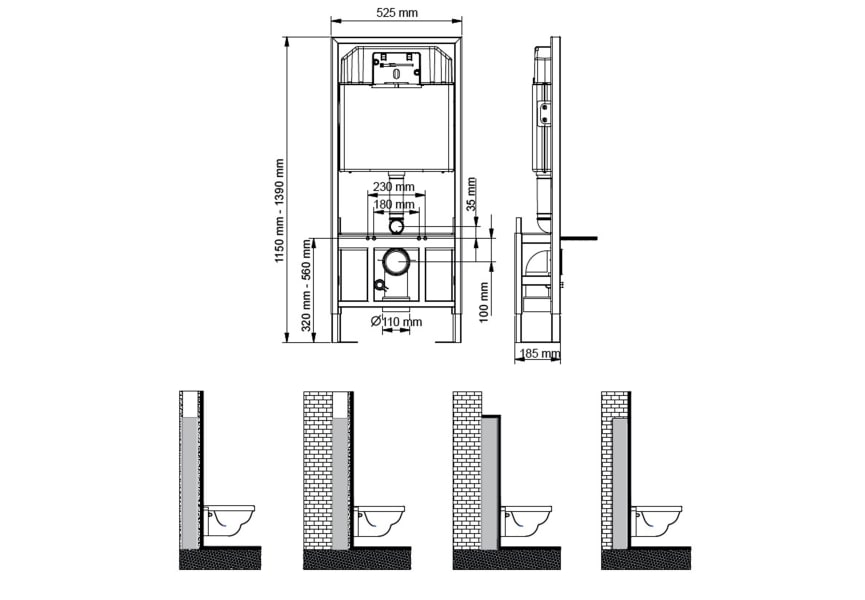 Ensemble WC suspendu Bruntec Square + réservoir de chasse encastré croquis 9