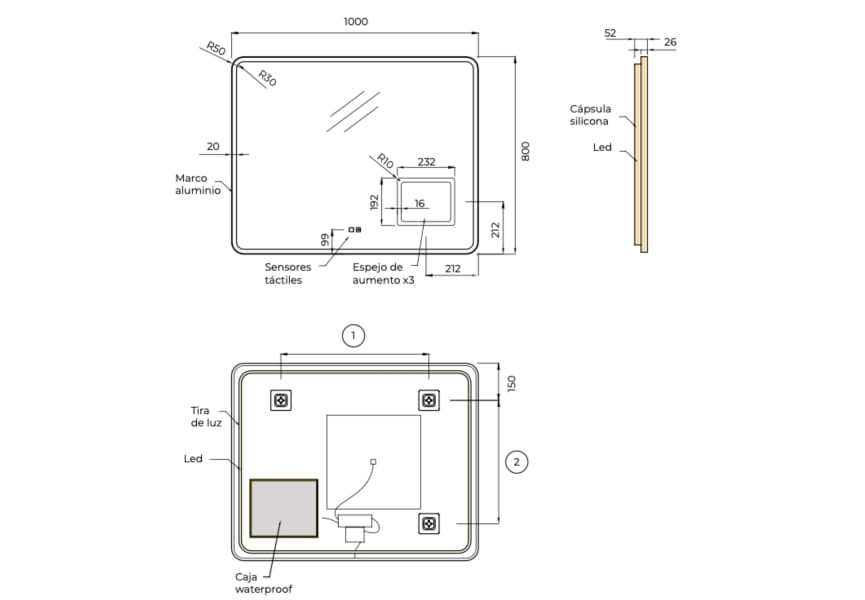 Miroir de salle de bain avec éclairage LED Duomo Ledimex croquis 11