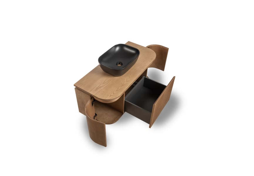 Meuble de salle de bain, plusieurs dimensions, en bois massif de frêne avec plan de toilette en bois Evo Curve Bruntec détail 5