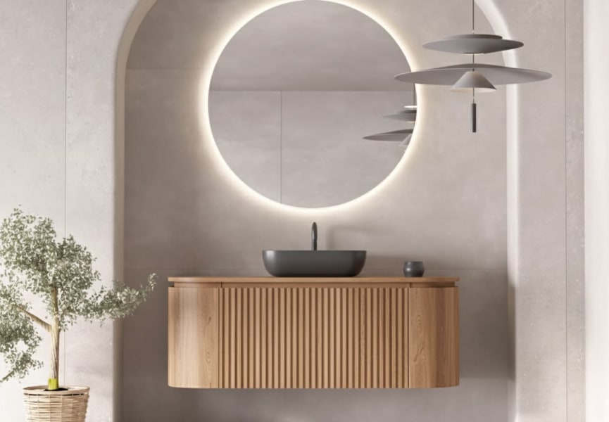 Meuble de salle de bain, plusieurs dimensions, en bois massif de frêne avec plan de toilette en bois Evo Curve Bruntec principal 0