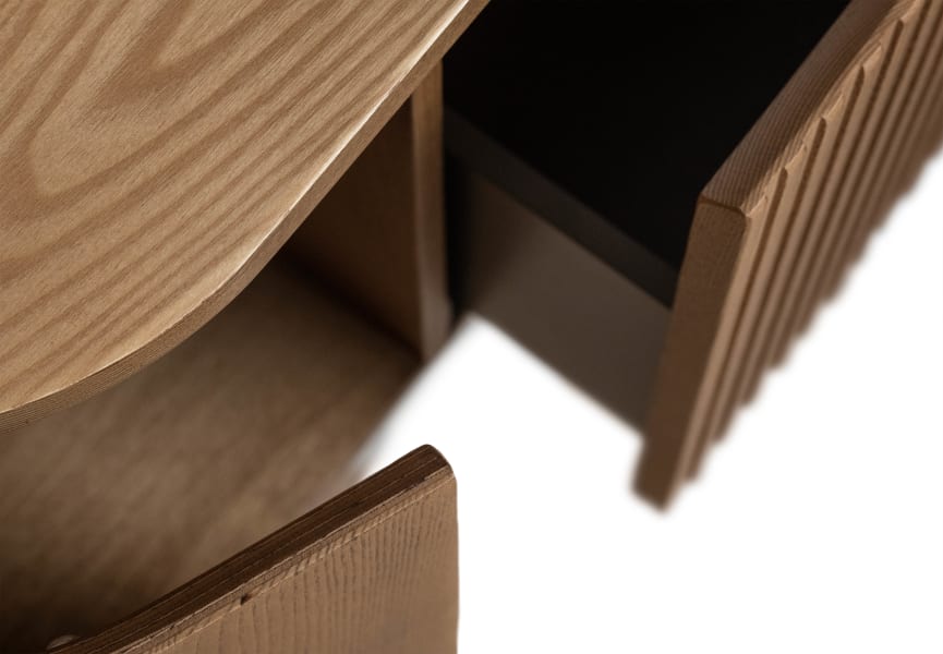 Meuble de salle de bain, plusieurs dimensions, en bois massif de frêne avec plan de toilette en bois Evo Curve Bruntec détail 3