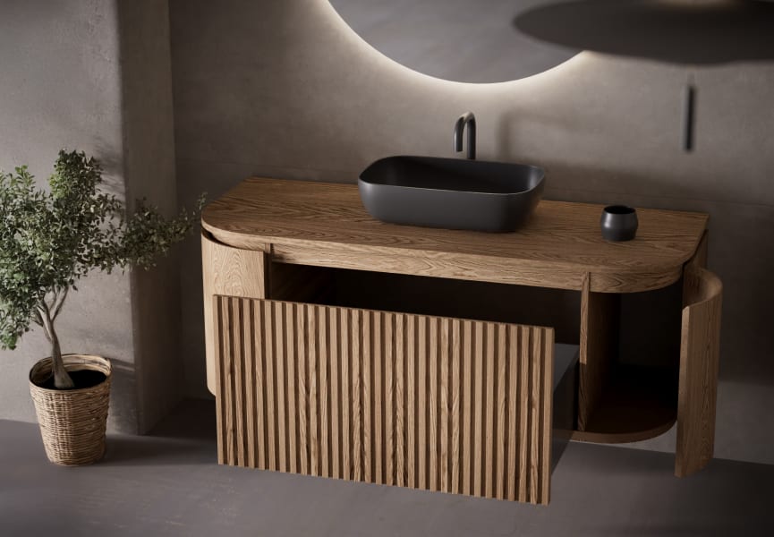Meuble de salle de bains en frêne massif avec plan de toilette en bois Neo Curve Bruntec détail 1