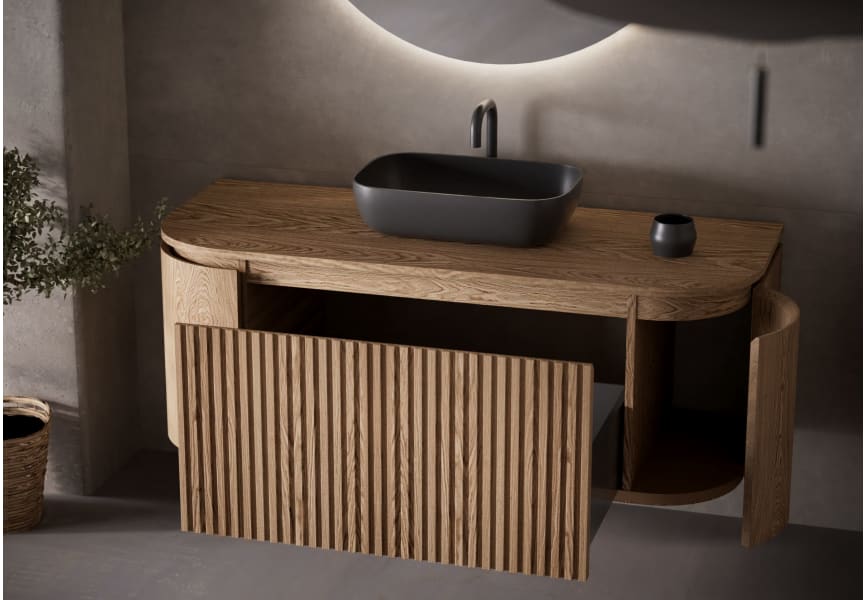 Meuble de salle de bain, plusieurs dimensions, en bois massif de frêne avec plan de toilette en bois Evo Curve Bruntec détail 4
