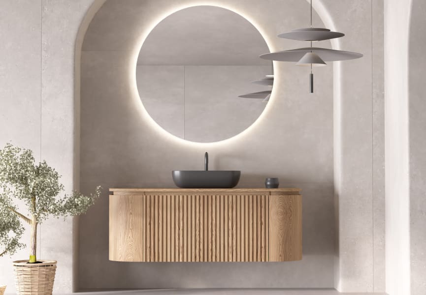 Meuble de salle de bain, plusieurs dimensions, en bois massif de frêne avec plan de toilette en bois Evo Curve Bruntec principal 0