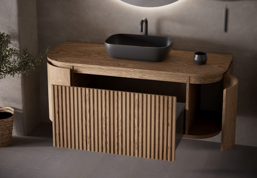 Meuble de salle de bain, plusieurs dimensions, en bois massif de frêne avec plan de toilette en bois Evo Curve Bruntec détail 1