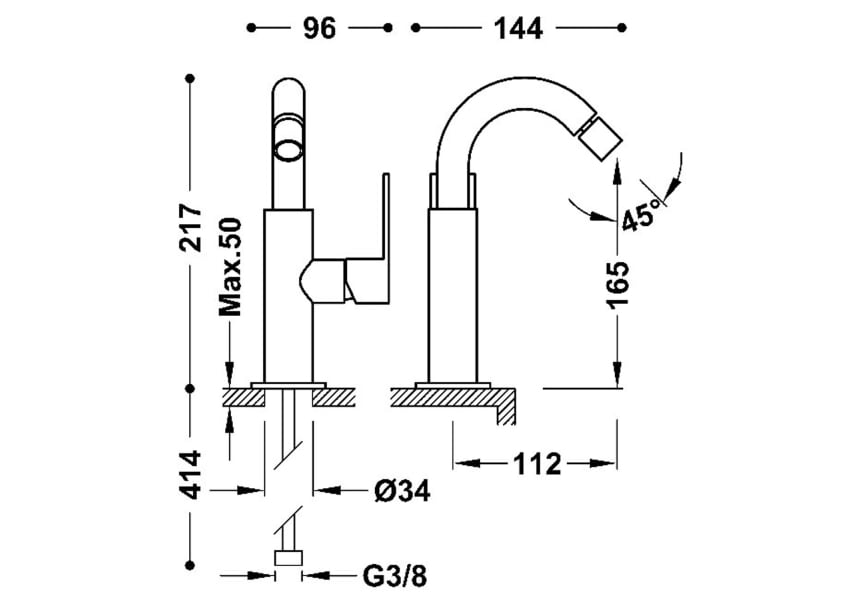 mitigeur de bidet Loft Tres croquis 1