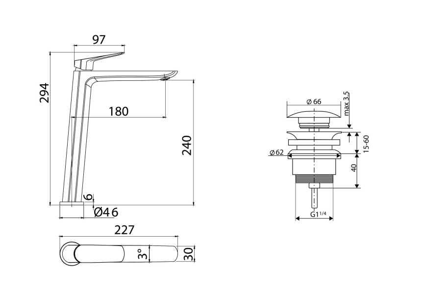 Pack Robinet de lavabo à bec haut Bélgica Imex + Bonde à déclic croquis 4