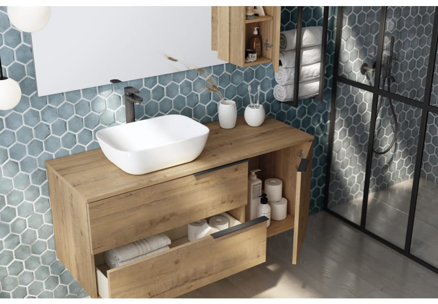 Meuble de salle de bains avec plan de toilette en bois Coban Bruntec détail 4