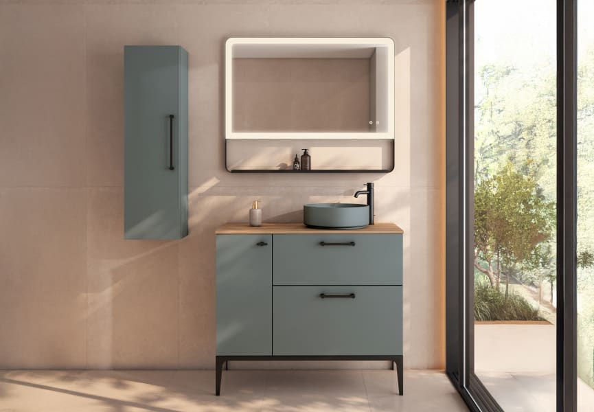 Meuble de salle de bains avec tabouret, plan de toilette en bois Verso Viso principal 4