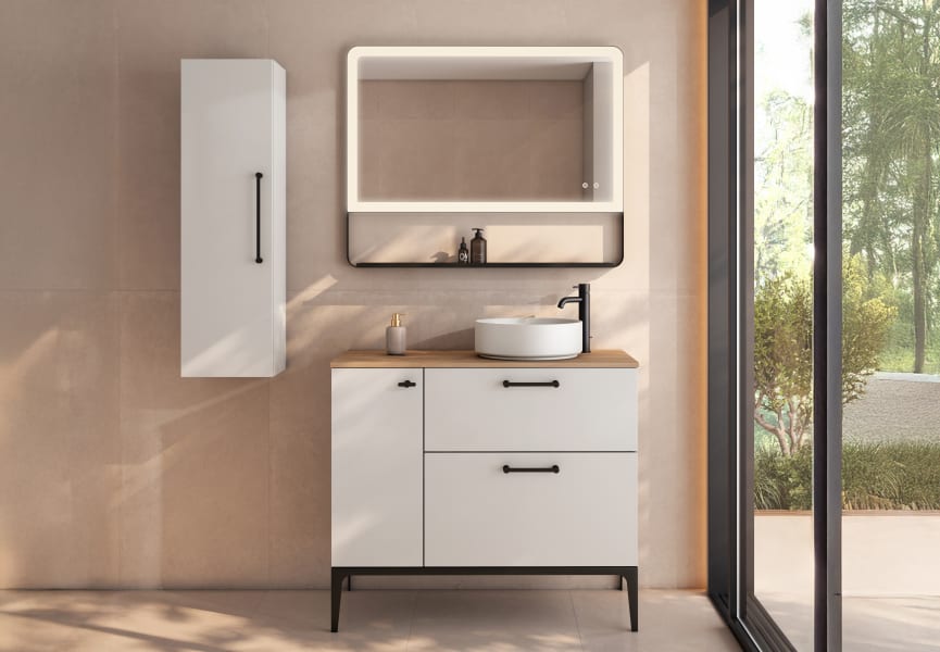 Meuble de salle de bains avec tabouret, plan de toilette en bois Verso Viso principal 2