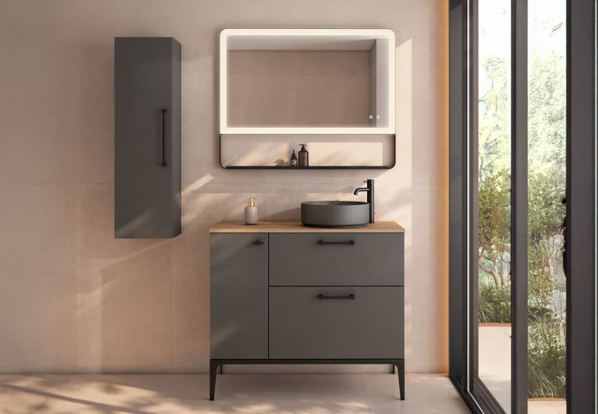 Meuble de salle de bains avec tabouret, plan de toilette en bois Verso Viso principal 1