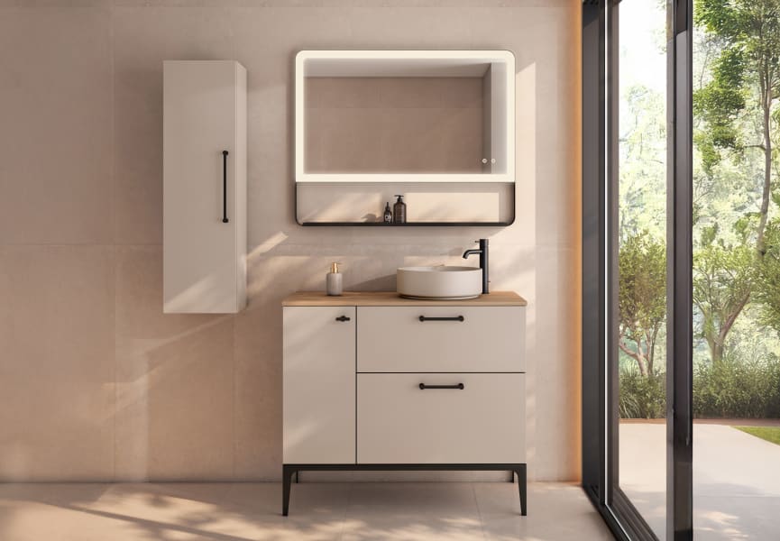 Meuble de salle de bains avec tabouret, plan de toilette en bois Verso Viso principal 0