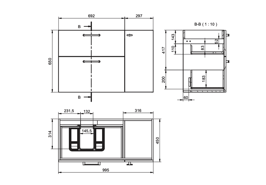 Meuble de salle de bains avec tabouret, plan de toilette en bois Verso Viso croquis 15
