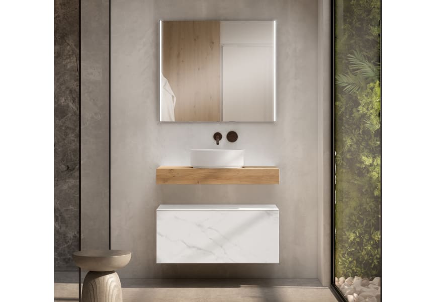 Meuble de salle de bains avec plan de toilette en bois de 10 cm de hauteur couleur chêne avec caisson Nomad Visobath principal 2