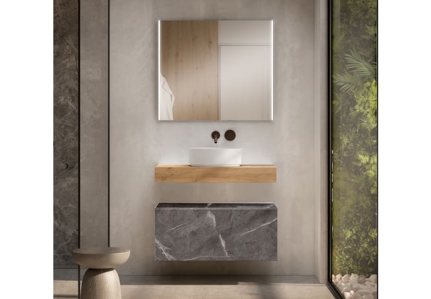 Meuble de salle de bains avec plan de toilette en bois de 10 cm de hauteur couleur chêne avec caisson Nomad Visobath principal 3