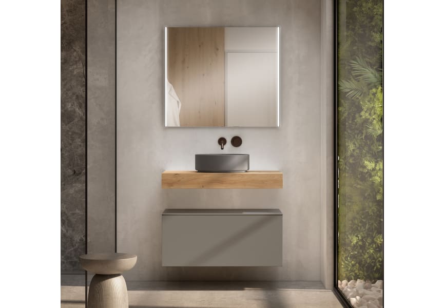 Meuble de salle de bains avec plan de toilette en bois de 10 cm de hauteur couleur chêne avec caisson Nomad Visobath principal 1