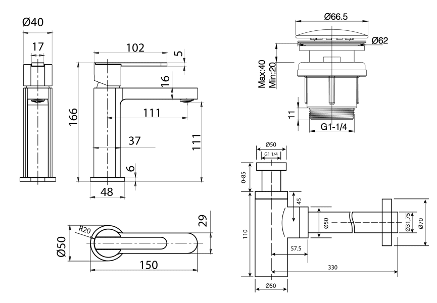 Pack Roma Robinet de lavabo Imex + Bonde à déclic + Siphon croquis 4