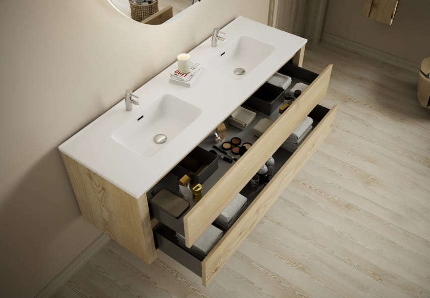 Ensemble de meubles de salle de bains en bois massif Laponia Bruntec détail 2
