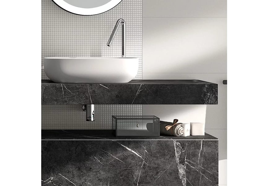Meuble de salle de bains avec plan de toilette en bois de 10 cm de haut et caisson monocolore Nomad Visobath détail 4
