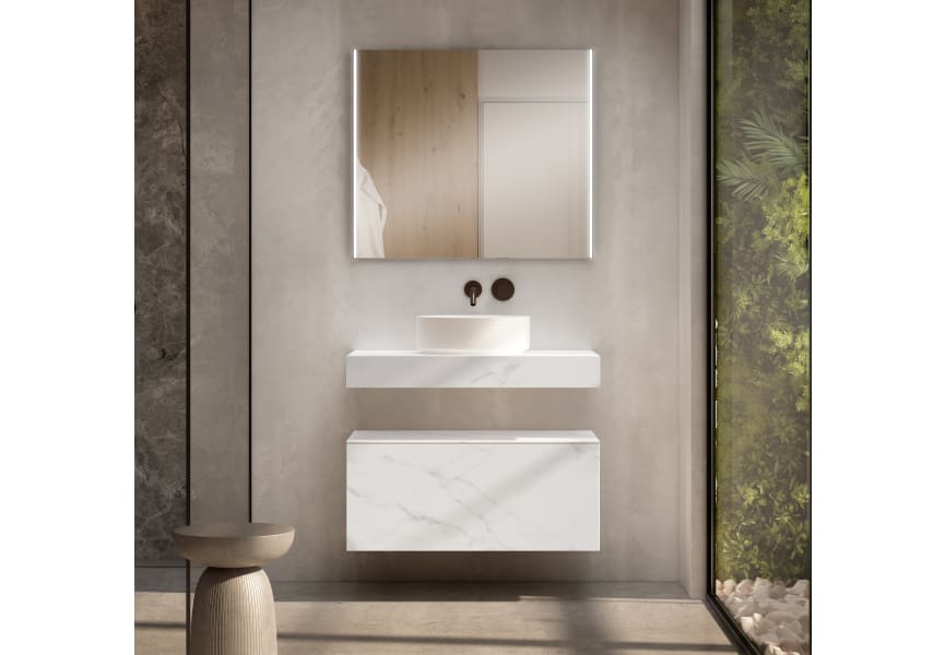 Meuble de salle de bains avec plan de toilette en bois de 10 cm de haut et caisson monocolore Nomad Visobath principal 1