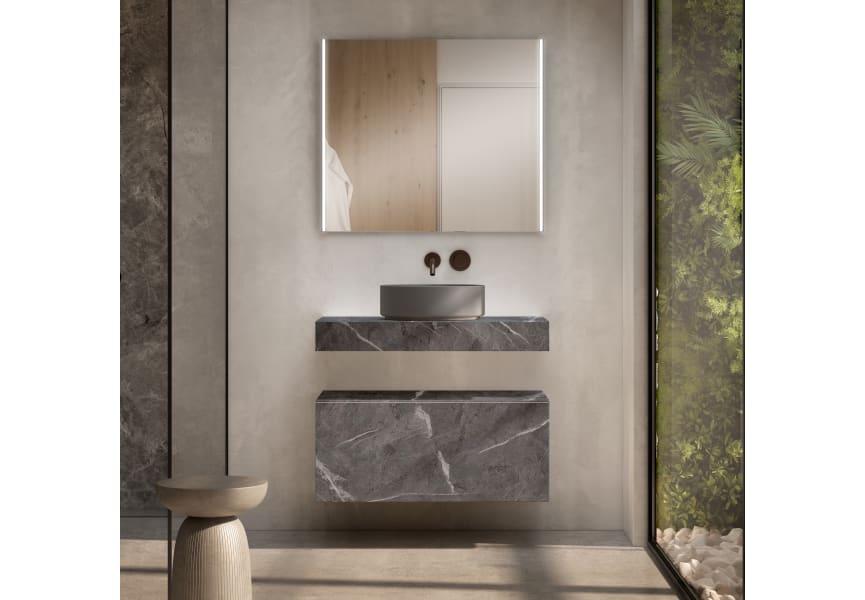 Meuble de salle de bains avec plan de toilette en bois de 10 cm de haut et caisson monocolore Nomad Visobath principal 2
