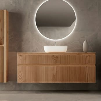 Meuble de salle de bains en bois massif sur mesure avec plan de toilette en bois Alpes 1 Bruntec