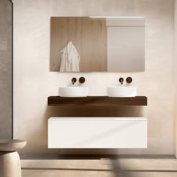 Meubles de salle de bains avec plan de toilette en bois de 10 cm de hauteur, en coloris Valenti, avec commode Nomad Visobath