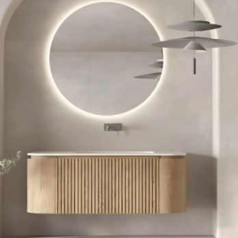 Ensemble meuble de salle de bain, plusieurs dimensions, en bois massif de frêne avec lavabo Solid Surface Evo Curve Bruntec