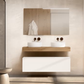 Meuble de salle de bains avec plan de toilette en bois de 10 cm de hauteur couleur chêne avec tiroirs Nomad Visobath