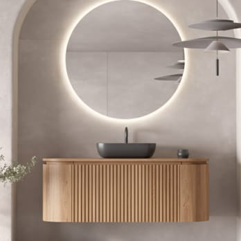 Meuble de salle de bain 100 cm en bois massif de frêne avec plan de toilette en bois Evo Curve Bruntec