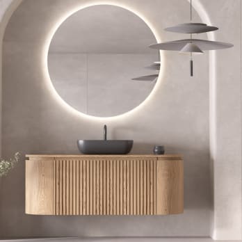 Meuble de salle de bain 100 cm en bois massif de frêne avec plan de toilette en bois Evo Curve Bruntec