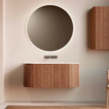 Ensemble meuble de salle de bain, plusieurs dimensions, en bois massif de frêne avec lavabo Solid Surface Neo Curve Bruntec