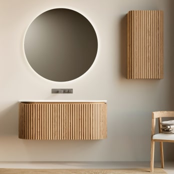Ensemble meuble de salle de bain en frêne massif avec lavabo Neo Curve de Solid Suface Bruntec