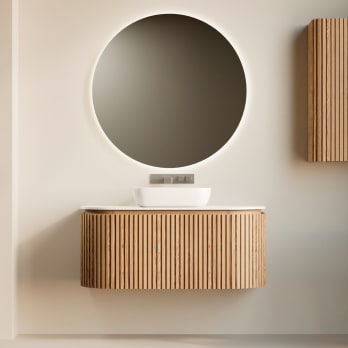 Meuble de salle de bain 100 cm en frêne massif avec plan de travail Solid Surface Neo Curve Bruntec
