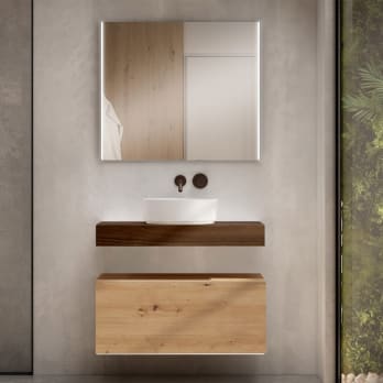 Meuble de salle de bains avec plan de toilette en bois de 10 cm de hauteur couleur Valenti avec caisson Nomad Visobath