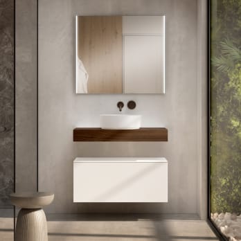 Meuble de salle de bains avec plan de toilette en bois de 10 cm de hauteur couleur Valenti avec caisson Nomad Visobath