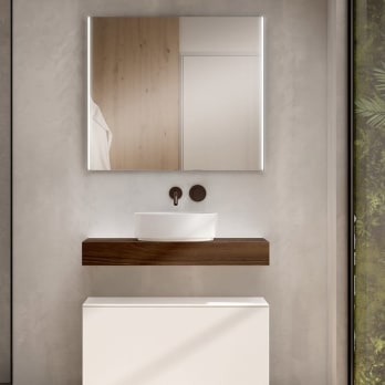 Meuble de salle de bains avec plan de toilette en bois de 10 cm de hauteur couleur Valenti avec caisson Nomad Visobath
