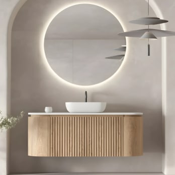 Meuble de salle de bain, plusieurs dimensions, en bois massif de frêne avec plan de toilette Solid Surface Evo Curve Bruntec