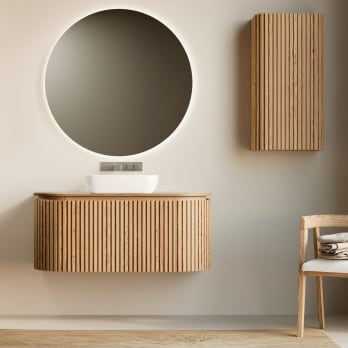 Meuble de salle de bain 100 cm en bois massif de frêne avec plan de toilette en bois Neo Curve Bruntec