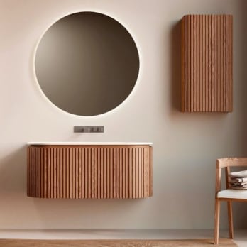 Ensemble meuble de salle de bain 100 cm en bois massif de frêne avec lavabo Solid Surface Neo Curve Bruntec,